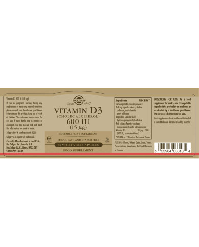 Vitamin D3 (Cholecalciferol) Solgar 600 iu 60 Capsules