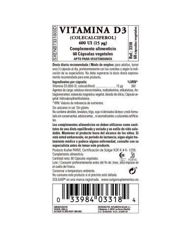 Vitamin D3 (Cholecalciferol) Solgar 600 iu 60 Capsules