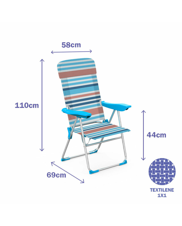 Marbueno Folding Chair 5 Positions Aluminum with Cushion Orange Blue Stripes 69X58X110 cm
