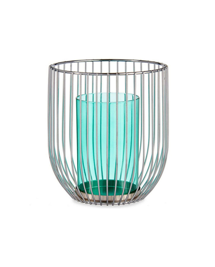 Candleholder Gift Decor Blue Silver Metal Glass 15 x 17 x 15 cm Cage