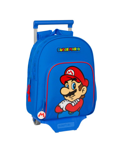 School Rucksack with Wheels Super Mario Play Blue Red 28 x 34 x 10 cm