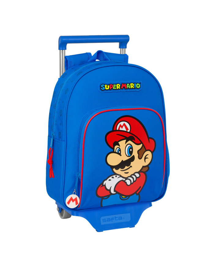 School Rucksack with Wheels Super Mario Play Blue Red 28 x 34 x 10 cm